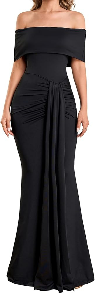 Off The Shoulder Formal Maxi Dress Fall Wedding Guest Ruched Bodycon Cocktail Party Dresses for W... | Amazon (US)