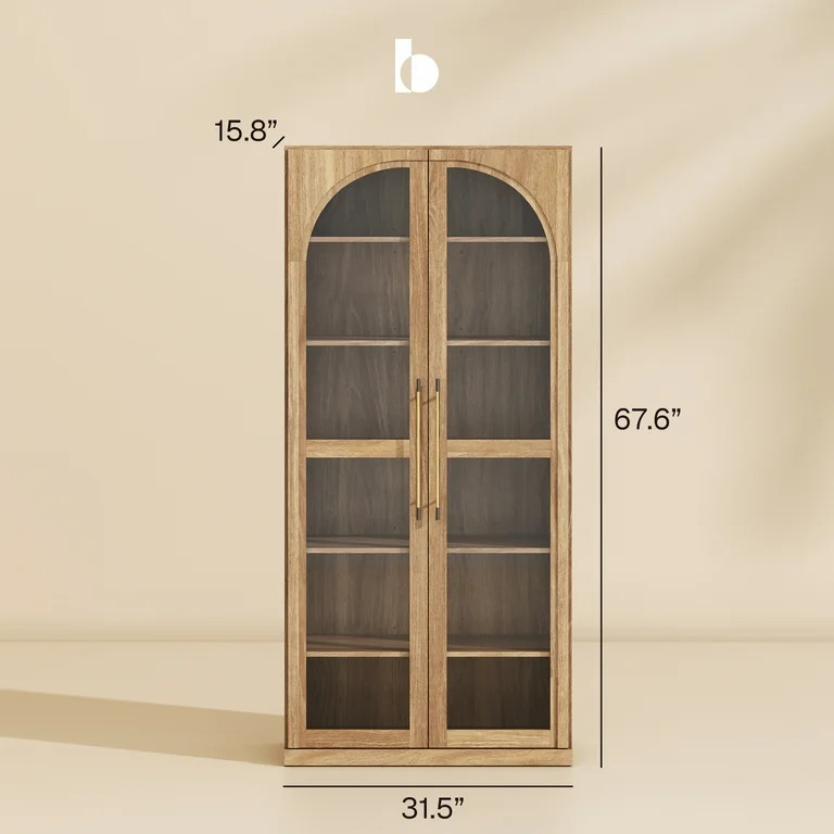 BELLEZE 67" Storage Cabinet Set of 2, 6 Shelf Glass Bookshelf Display Cabinet, Modern Wood Wine C... | Walmart (US)