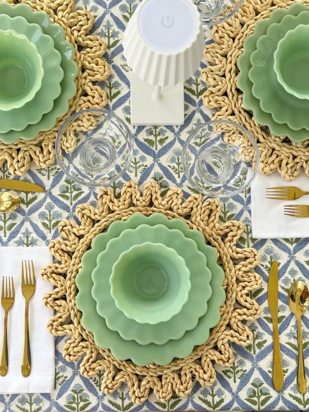Spring tablescape finds on our screened in porch! 🌷 I couldn’t be more excited that spring is finally here! Meals outside are my favorite, so I gave our outdoor dining area a little spring refresh! These simple and chic swaps made such a big impact to the vibe in this space. From the gorgeous block print tablecloth, to the jade scalloped dishes, to the gold flatware and seagrass wrapped vase (that doubles as a candle hurricane) to the “pleated” cordless rechargeable lamps - they’re all on trend, affordable, and all from Walmart! They’re perfect for brunch, showers, Mother’s Day, graduation or any meal you want to make feel more special! Also linking our stackable rope dining chairs, white outdoor dining table and rope chandelier.
.
#ltkhome #ltkfindsunder50 #ltkfindsunder100 #ltkseasonal #ltkparties #ltksalealert spring table decor, entertaining ideas, party decor

#LTKhome #LTKfindsunder50 #LTKsalealert
