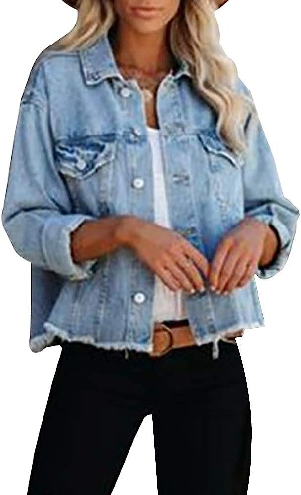 LONGBIDA Women's Jean Jacket Frayed Washed Button Up Cropped Denim Jacket With Pockets | Amazon (US)