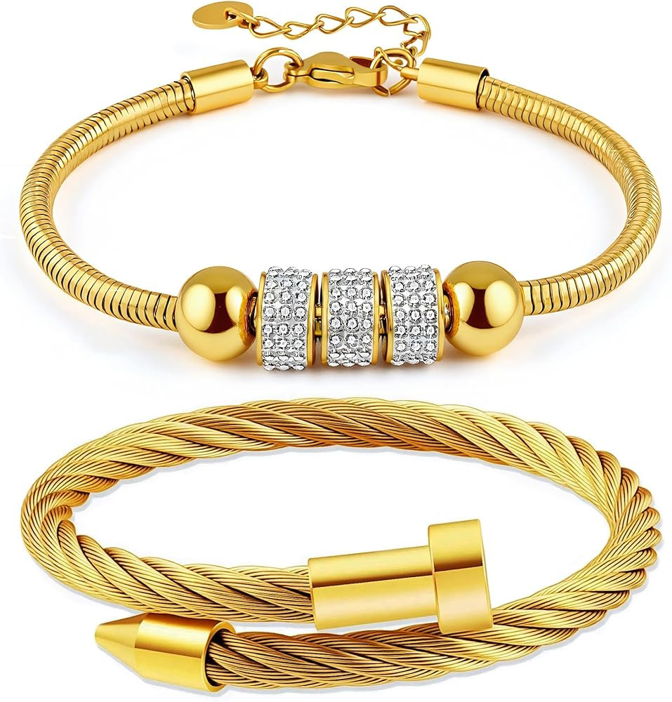 18K Gold Plated Nail Bracelet Set, Adjustable Stackable Bangles for Women, Trendy Jewelry Hand Ch... | Amazon (US)