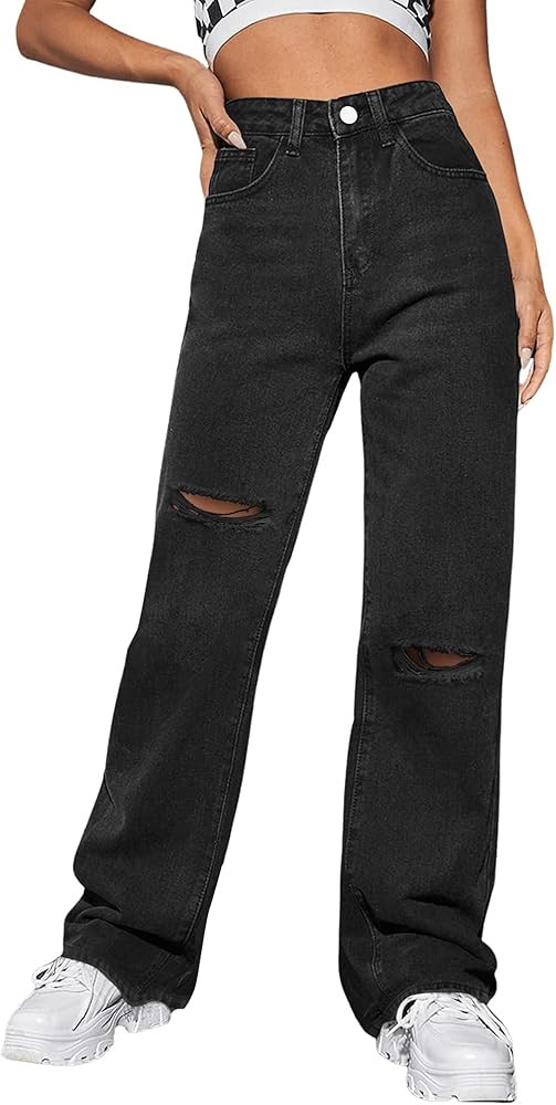 Genleck Wide Leg Baggy Jeans - Ripped High Waist Loose Jeans Boyfriend Mom Y2K Distressed Jeans B... | Amazon (US)