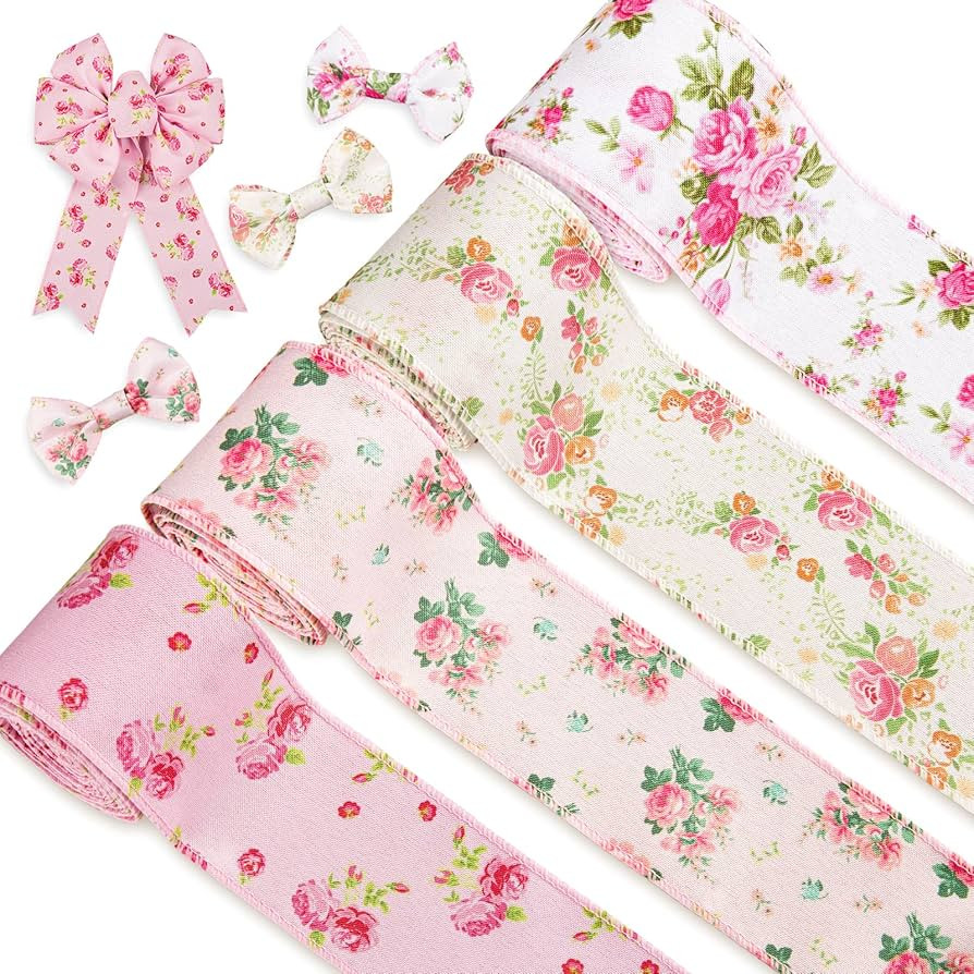 Whaline Floral Wired Edge Ribbon 4 Rolls Rose Flower Pattern Ribbon Spring Summer Fabric Decorati... | Amazon (US)