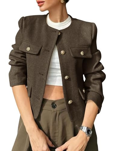 Cicy Bell Womens Cropped Tweed Blazers Jacket Collarless Button Down Business Casual 2025 Fall Outfits Winter Coats Coffee | Amazon (US)