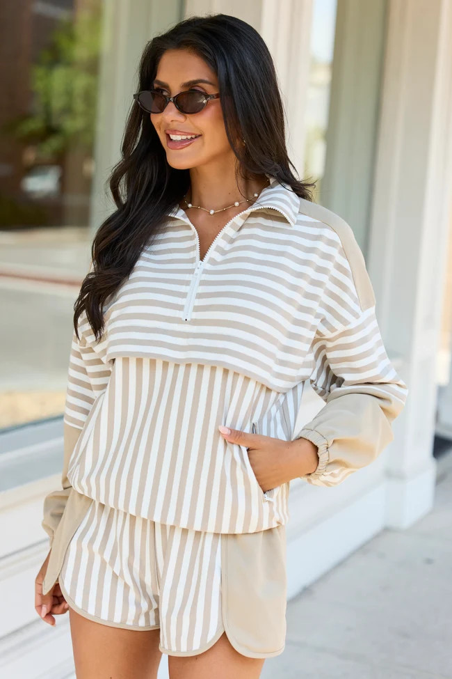 Mallory Taupe Striped Pullover | Pink Lily