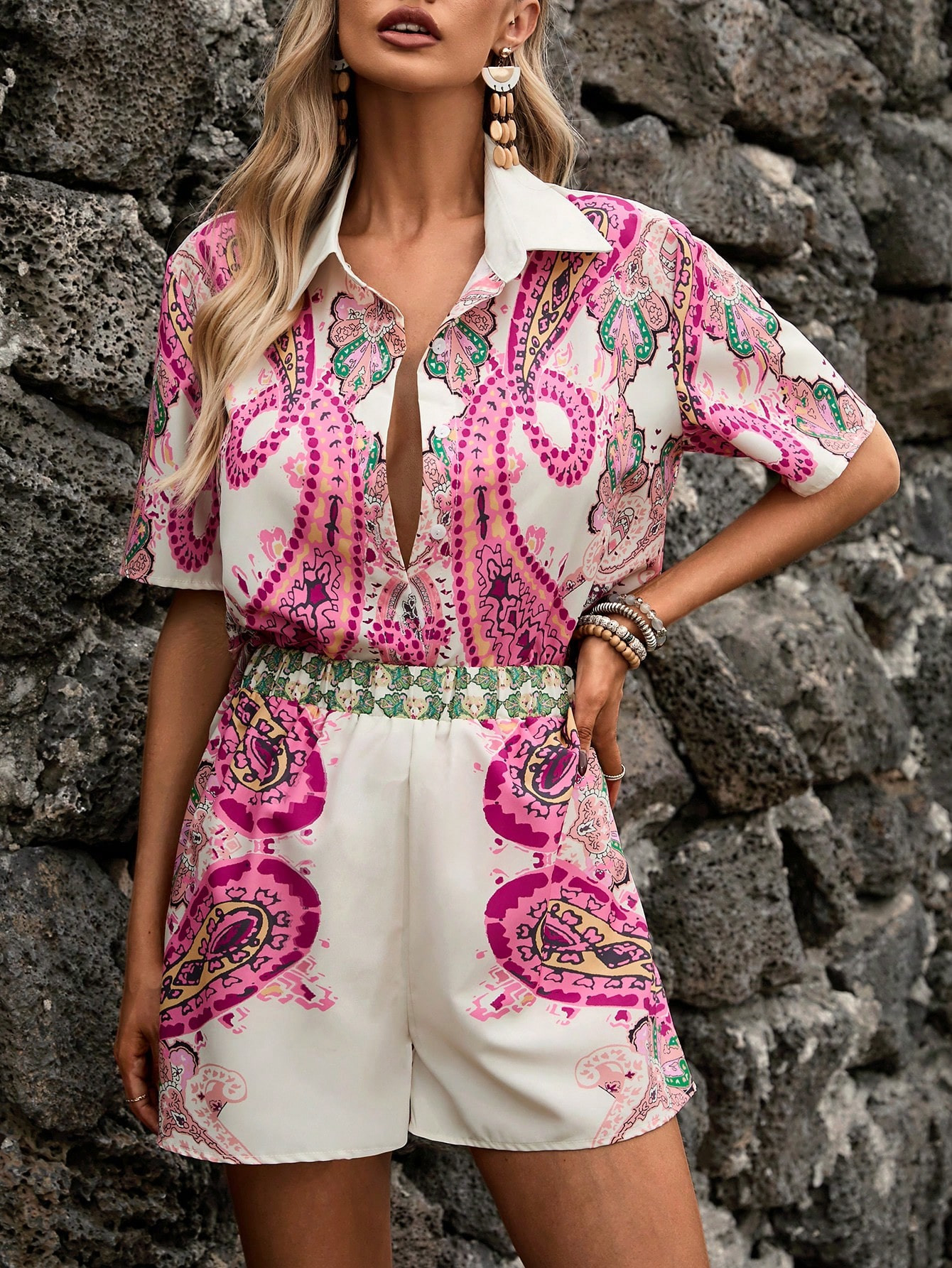 SHEIN VCAY Paisley Print Shirt & Shorts | SHEIN