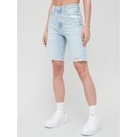 Tommy Jeans Harper Tommy Badge Recycled Cotton Bermuda Denim Shorts - Blue | Very (UK)