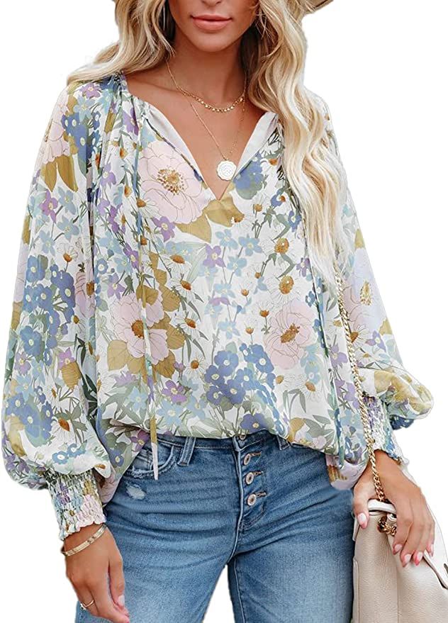 MLEBR Womens Blouses Fashion Long Sleeve V Neck Loose Casual Floral Leopard Printed Chiffon Blous... | Amazon (US)