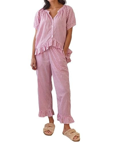 Women Plaid 2 Piece Pajama Set Y2K Tie Front Puff Sleeve Babydoll Shirt Gingham Pants Loungewear Sleepwear Pjs l | Amazon (US)