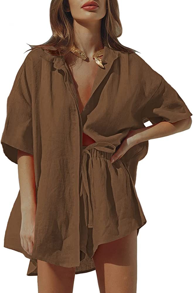 Falvurt Women's 2 Piece Outfit Casual Half Sleeve Shirt High Waisted Shorts Loungewear Set | Amazon (US)