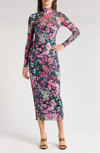 AFRM LOS ANGELES Marni Turtleneck Long Sleeve Mesh Dress in Digital Plum Floral at Nordstrom Rack, Size Large | Nordstrom Rack