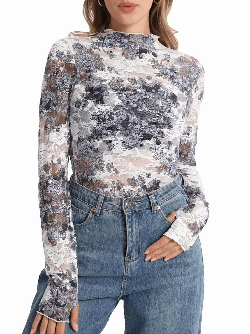 MINTREUS Lace Top with Long Sleeves Stand Collar Embroidered Floral Design Ideal for Parties and ... | Walmart (US)