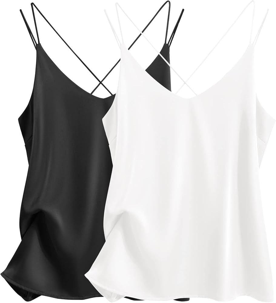 Ekouaer Womens Silk Satin Camisole Tank Tops V Neck Spaghetti Strap Blouses Cross Back Sleeveless... | Amazon (US)