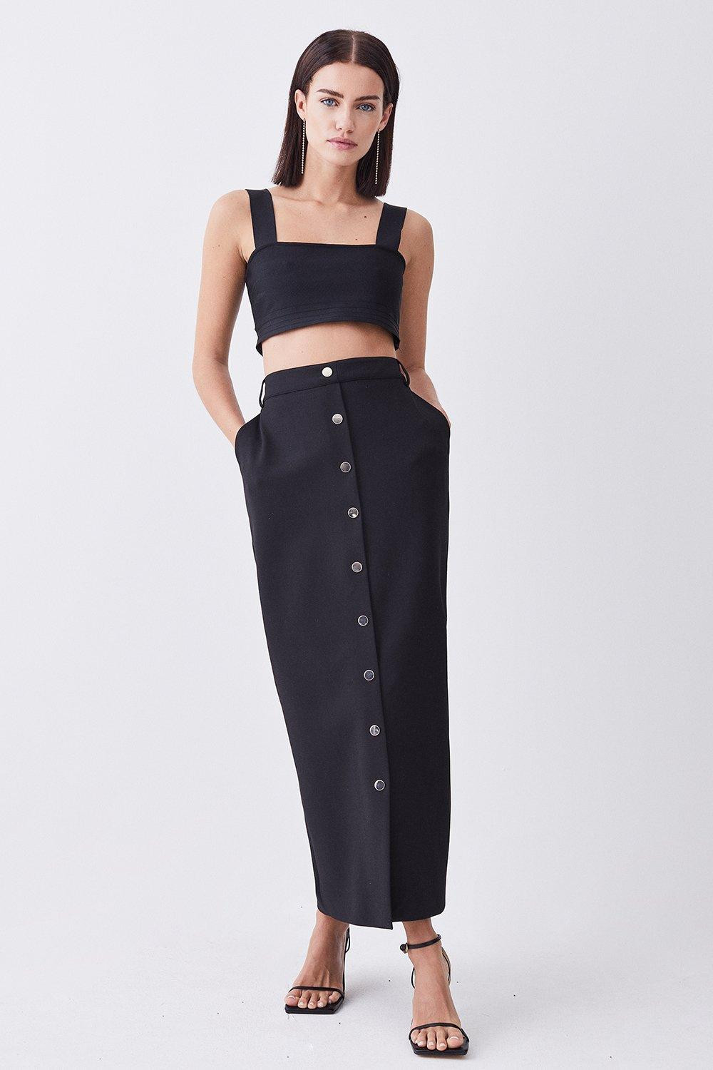Petite Compact Stretch Popper Detail Midi Skirt | Karen Millen UK + IE + DE + NL