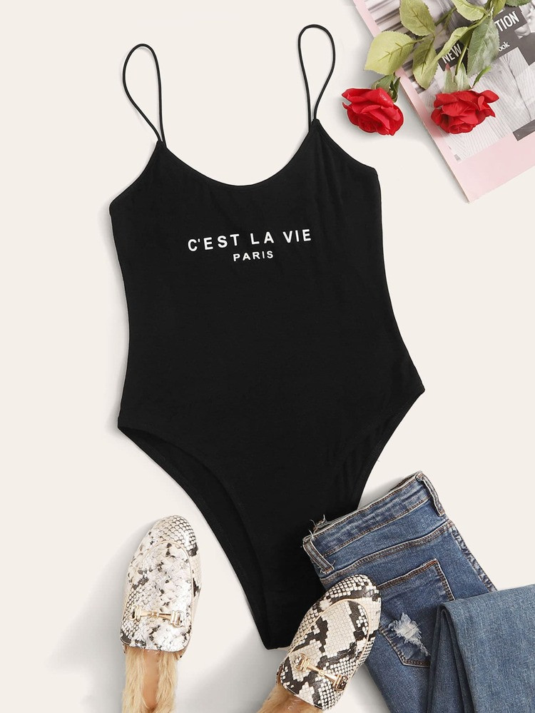 SHEIN Paris Graphic Cami Bodysuit | SHEIN