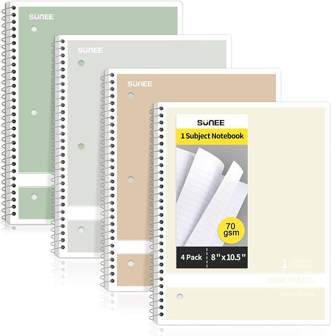 SUNEE Spiral Notebooks Wide Ruled, 1-Subject, 4 Pack, 8 x 10-1/2 inch, 70 Sheets, 3-Hole Punched ... | Amazon (US)