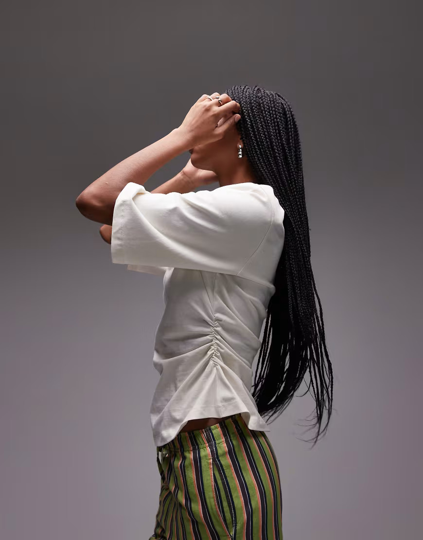 ASOS DESIGN cinch waist shoulder pad basic tee in beige-White | ASOS (Global)