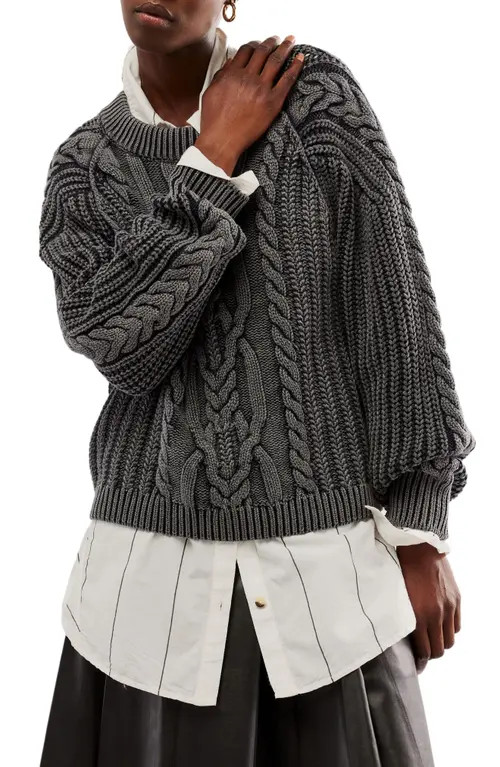 Free People Frankie Cable Cotton Sweater in Black at Nordstrom, Size Small | Nordstrom