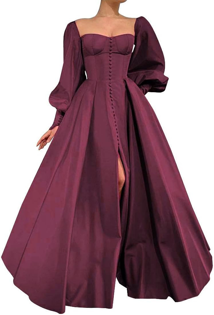 Xjizu Long Puffy Sleeve Prom Dresses Princess Ball Gown for Women Satin Formal Party Wedding Even... | Amazon (US)