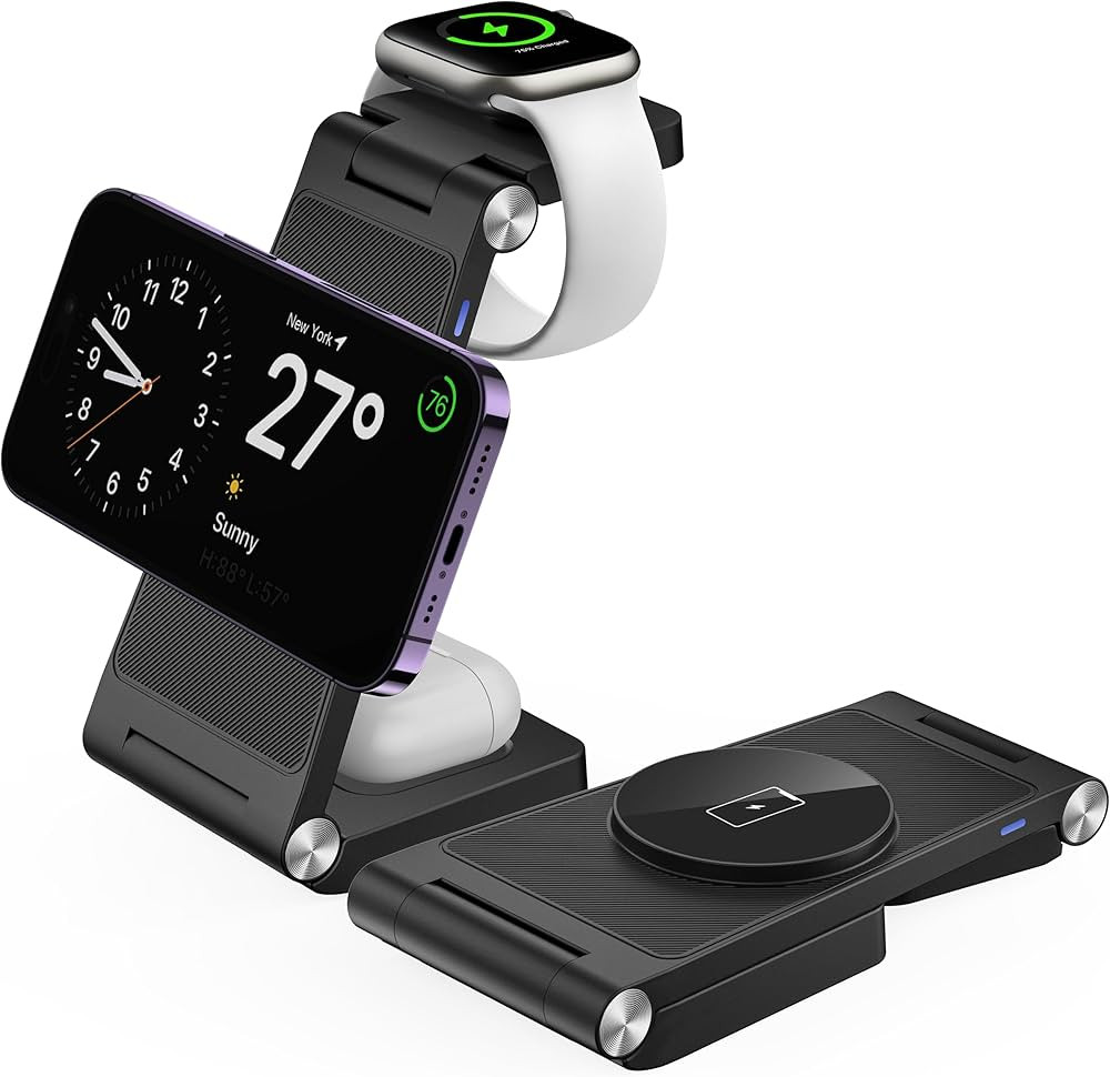 GEJIUCAI Magnetic Wireless Charger Stand, 3 in 1 Foldable Wireless Charging Station, Travel Charg... | Amazon (US)