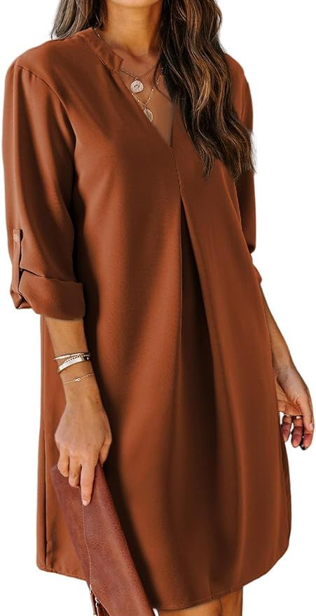 Dokotoo Womens Shirt Dresses V Neck Casual Loose Long Sleeve Bohemian Flowy Swing Mini Sun Dress ... | Amazon (US)