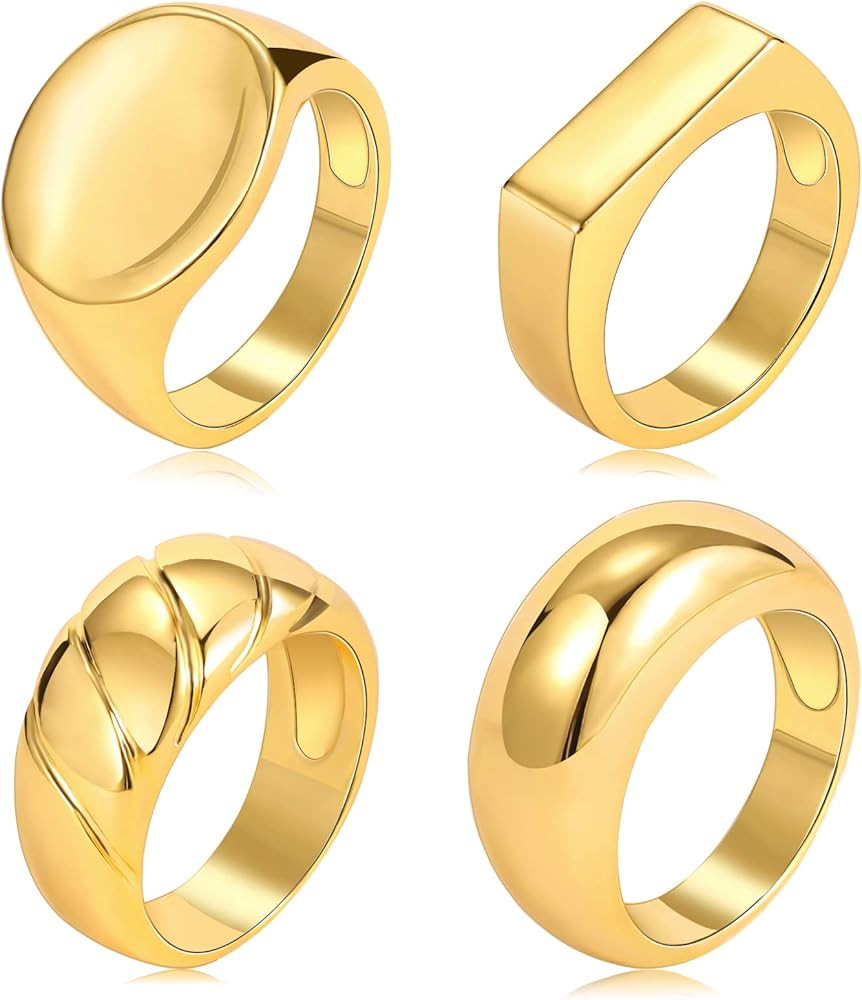 4 PCS Gold Chunky Dome Rings Set for Women, 18K Real Gold Signet Polished Round Stacking Minimalist  | Amazon (US)