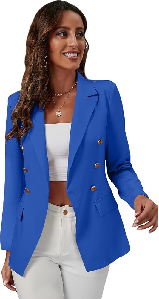 MakeMeChic Women's Lapel Collar Long Sleeve Double Button Work Office Blazer Jackets | Amazon (US)