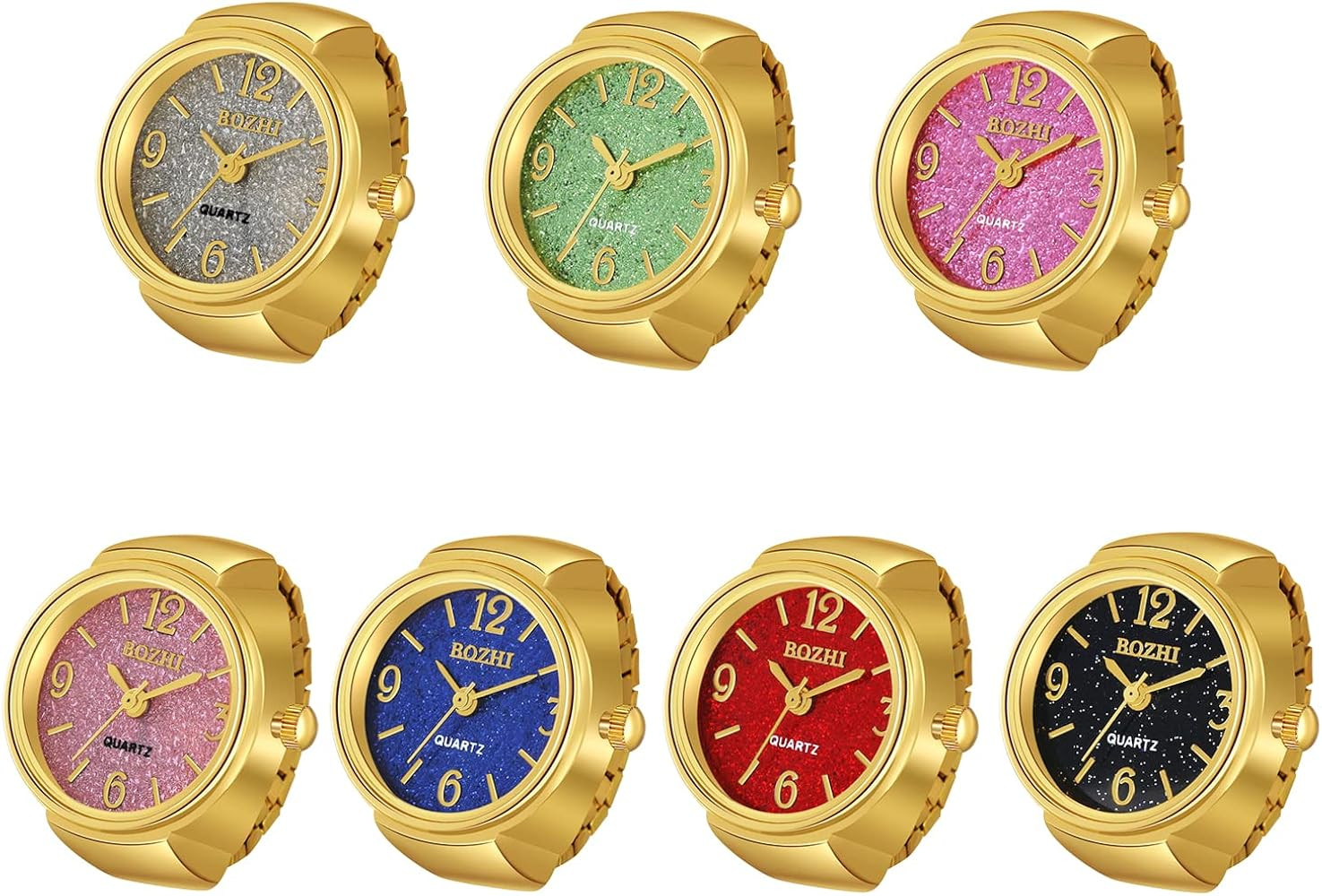 JewelryWe Men Women 7PCS Finger Watches Set Gold Silver Plated Elastic Watch Rings Glitter Round ... | Amazon (US)