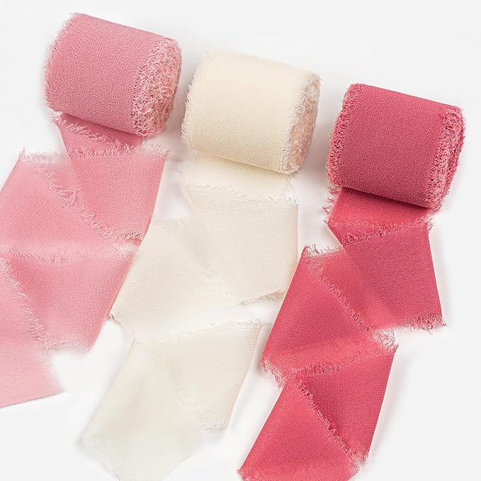 Chiffon Ribbon, Dusty Pink White 1.5''x21Yd Frayed Fringe Silk Ribbon for Gift Wrapping, Handmade... | Amazon (US)