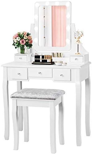 DORTALA Vanity Table Set w/ 360-Degree Rectangular Mirror & Cushioned Stool, Makeup Table w/ 10 L... | Amazon (US)