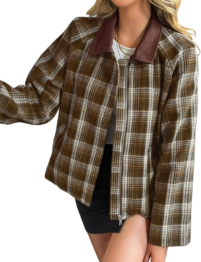 Tankaneo Womens Cropped Jackets Plaid Zip Up Lightweight Utility Coat Casual Short Barn Jacket wi... | Amazon (US)