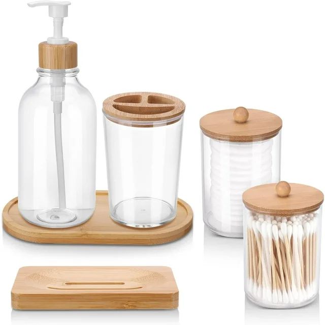 Fairy Bamboo Bathroom Accessories Set of 6, Toothbrush Holder, Soap Dispenser, Soap Dish, Tray an... | Walmart (US)