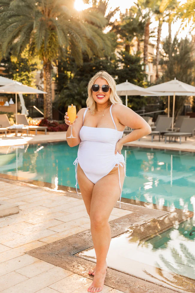 Sunset Sail White Square Neck Ruched Side Swimsuit | The Pink Lily Boutique