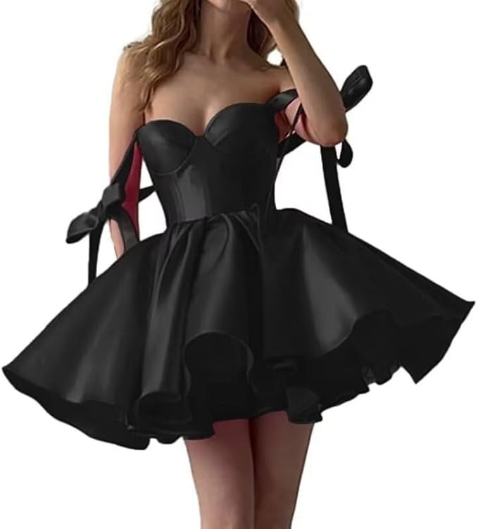 Mini Satin Homecoming Dresses for Teens Bow Straps Prom Ball Gown Puffy Cocktail Prom Dress with ... | Amazon (US)