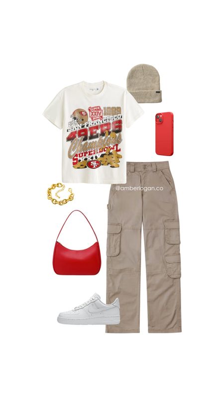 49ers Super Bowl outfit idea 

Football game outfit did, cargo pants, red accessories, Nike sneakers 

#LTKitbag #LTKstyletip #LTKshoecrush