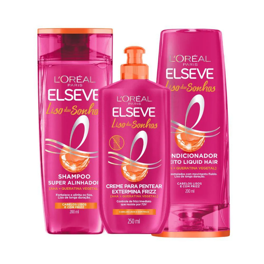 Kit Elseve Liso Dos Sonhos Aha + Queratina Vegetal Shampoo 200Ml + Condicionador 200Ml + Creme Pentear (3 Produtos) | DrogaRaia (BR)