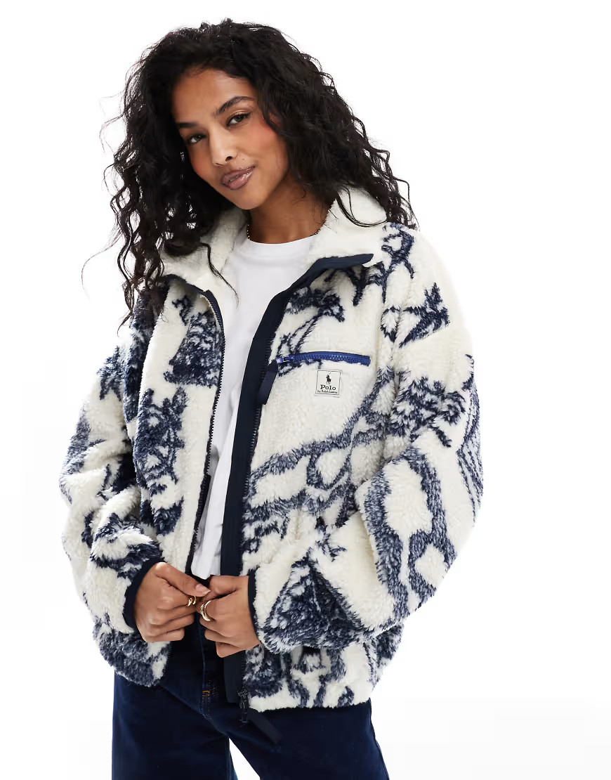 Polo Ralph Lauren pile fleece jacket with jaquard print in navy and cream-White | ASOS (Global)