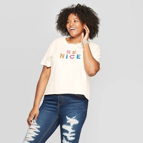 Women's Plus Size Short Sleeve Be Nice Cropped Graphic T-Shirt - Mighty Fine (Juniors') - Cream | Target