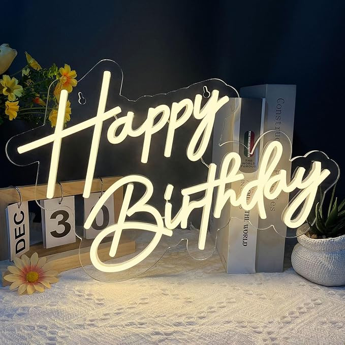 Happy Birthday Neon Sign for Wall Decor, 17×12 Inch Warm White LED Neon Light Signs, Art Decorat... | Amazon (US)