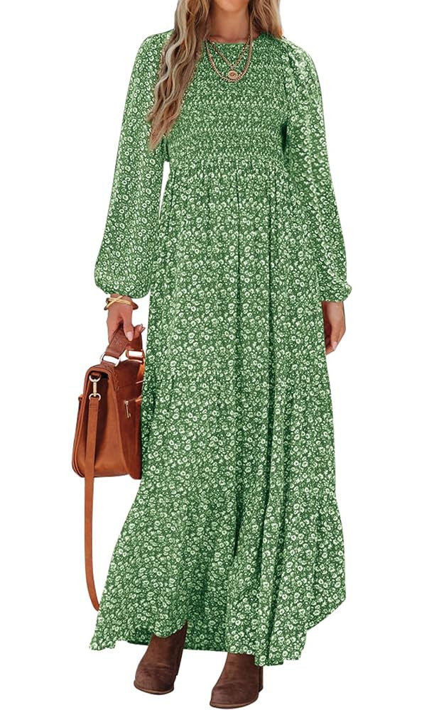 PRETTYGARDEN Women's Spring Dresses 2025 Long Sleeve Flowy Casual Floral Maxi Dress Crew Neck Smo... | Amazon (US)