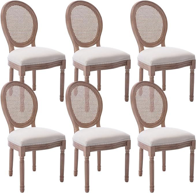 Virabit French Dining Chairs Set of 6, Rattan Farmhouse Upholstered Dining Chairs with Curved Bac... | Amazon (US)