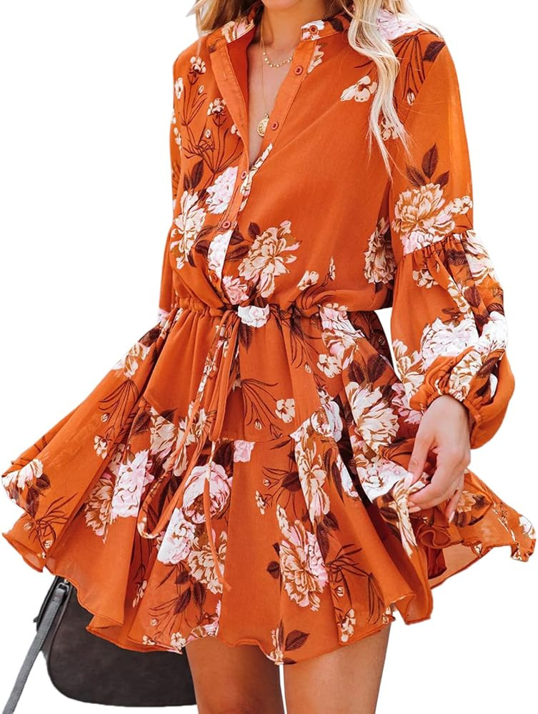 Womens 2023 Spring Summer Boho Long Sleeve Flowy Dresses Floral Button Down Lantern Sleeve Tie Wa... | Amazon (US)