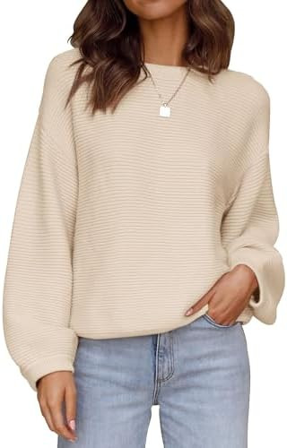 ZESICA Women's Crew Neck Long Lantern Sleeve Fall 2026 Casual Loose Ribbed Knit Solid Soft Pullov... | Amazon (US)
