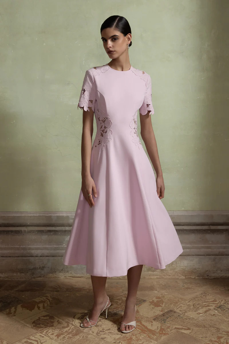 So Sweet  Pink Crew-Neck Midi Dress With Cut-Out Embroidered Detailing | Club L London