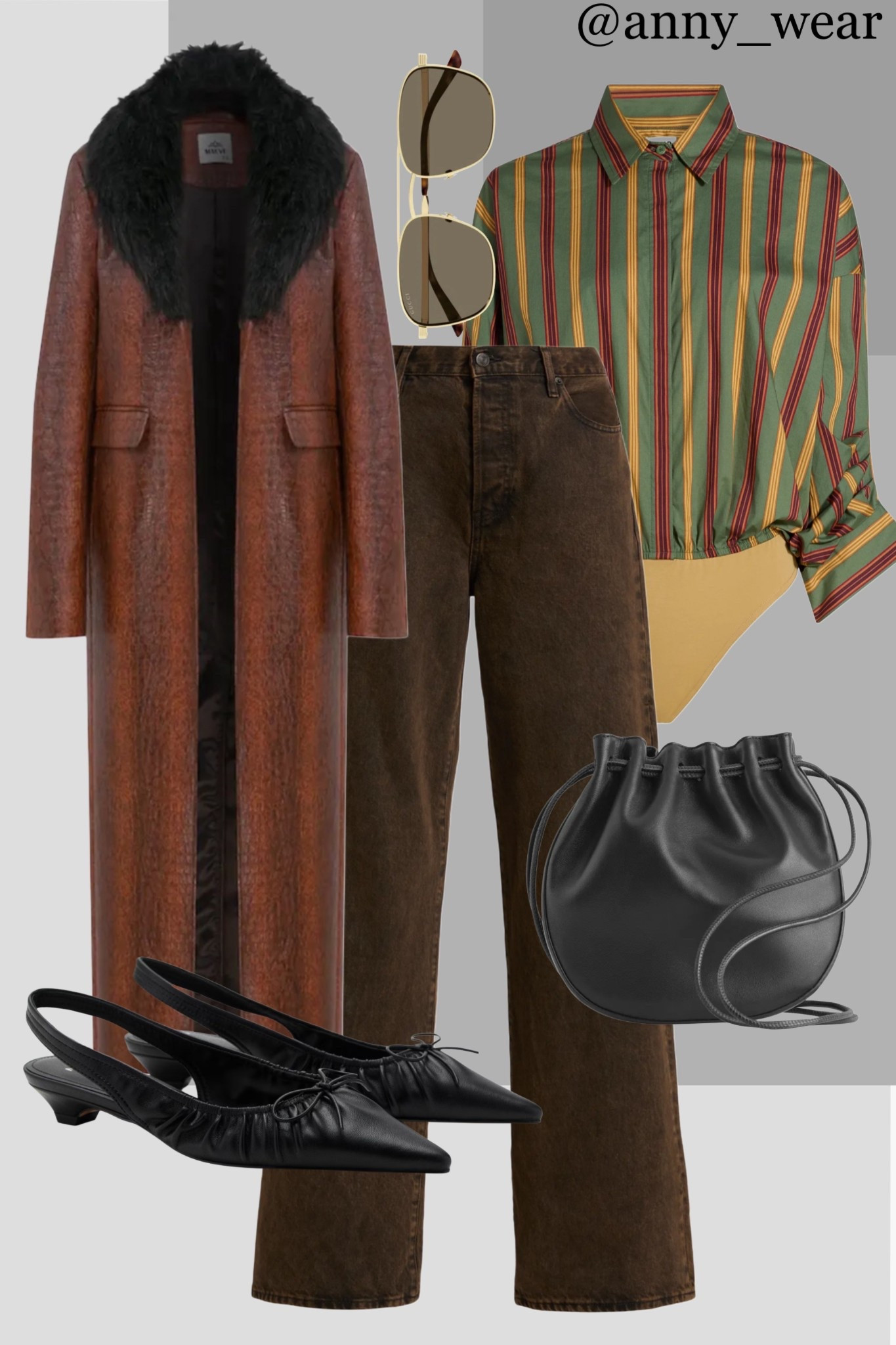 Think old Hollywood meets modern Italian glam.
This outfit is all about the details: the luxurious fur collar, the timeless striped print, and those sleek slingbacks. Every piece tells a story of sophisticated, rock-and-roll elegance.

Striped blouses 
Stretch Cotton Bodysuit 
Brown jeans 
High Rise jeans 
Wide Leg jeans 
Black bag
Leather Drawstring Crossbody Bag
Cos bag
heel shoes with ruched bow
Brown Maxi Coat
Designer sunglasses 
Gucci Rectangular Sunglasses 
bodysuit outfit bodysuit tank bodysuit and jeans bodysuit romper bodysuit shorts body bodysuit bodysuit lace bodysuit outfits square bodysuit Spring coat dad coat trench camel coat Abercrombie dad coat mink coat long fall coat fall coat belted camel coat womens spring coat camel belted trench coat coatigan camel coatigan spring trench coat outfits coat jacket Jeans work outfit shoes to wear with jeans dark jeans Dark wash jeans Dark denim Uniqlo Jeans spring Jean fall jeans affordable jeans white jeans winter outfit revolve jeans curvy jeans for work jeans and blazer Transitioning from summer into fall Mango outfits sunday brunch going out outfits photoshoot outfits dinner date outfit ssense work party outfit zara outfits paris outfit casual wardrobe europe outfits saks 5th avenue new york outfits city street styles new york city ltku over 40 capsule wardrobe popular today summer looks city outfits Abercrombie outfits casual spring outfit classy casual everyday necklace #LTKstyletip #LTKbeauty #LTKU #LTKshoecrush #LTKitbag 

#LTKWorkwear #LTKFindsUnder100 #LTKSaleAlert