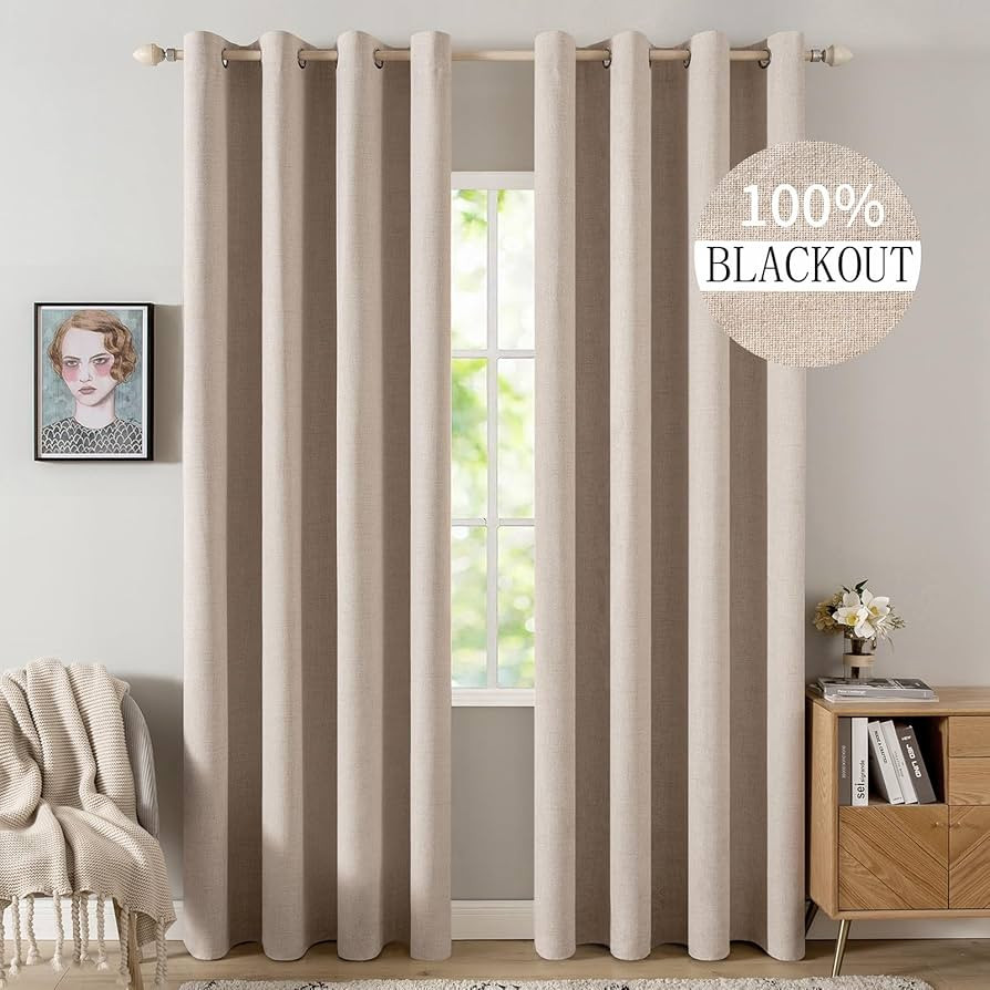 MIULEE 90 Inches Linen Textured Curtains for Bedroom 100% Blackout Thermal Insulated Natural Beig... | Amazon (US)