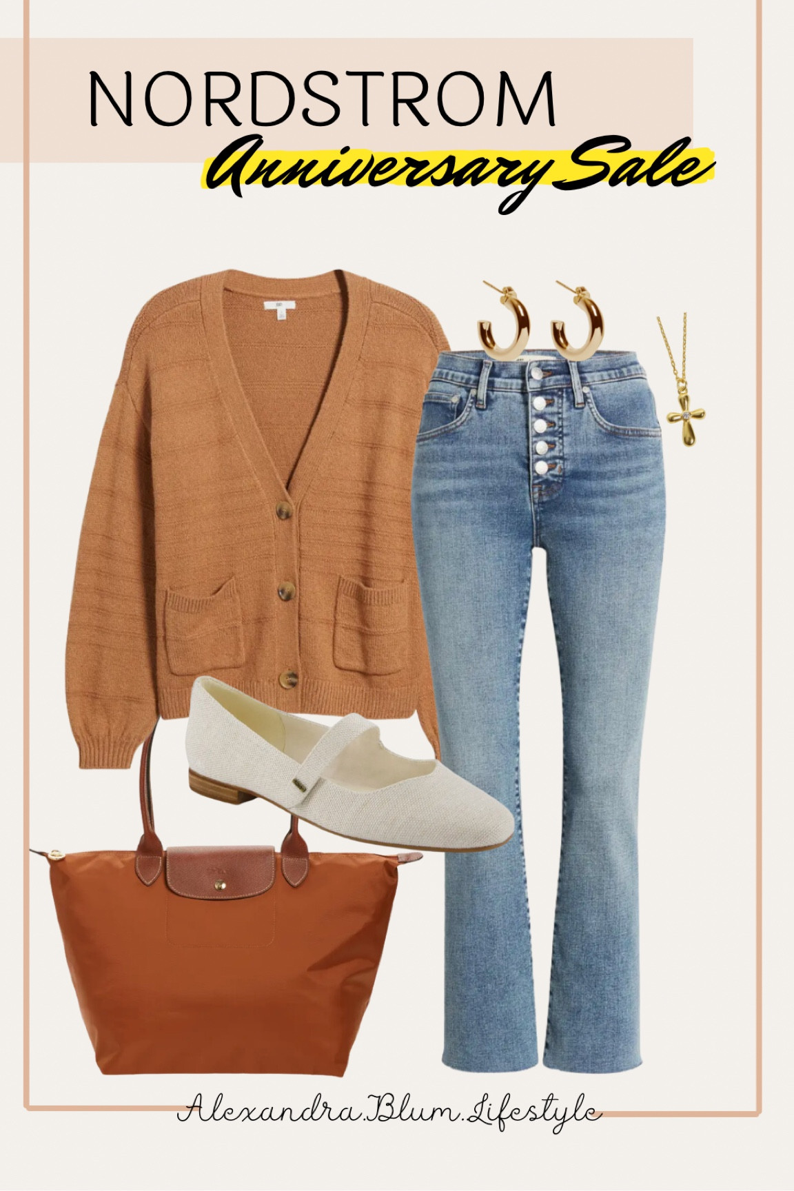 Fall outfit idea from the Nordstrom anniversary sale! Burnt orange cardigan sweater, button fly jeans, brown nylon tote bag, ballet white flags, gold earrings! 

#LTKxNSale #LTKFindsUnder100 #LTKShoeCrush