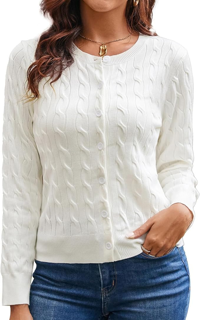GRACE KARIN Womens Long Sleeve Button Up Cable Knit Cardigan Lightweight 2026 Crewneck Button Dow... | Amazon (US)