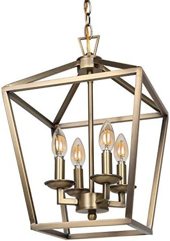 hykolity 4-Light Chandelier Ceiling Light Fixture, Metal Lantern Pendant Lighting W/ Soft Gold Finis | Amazon (US)