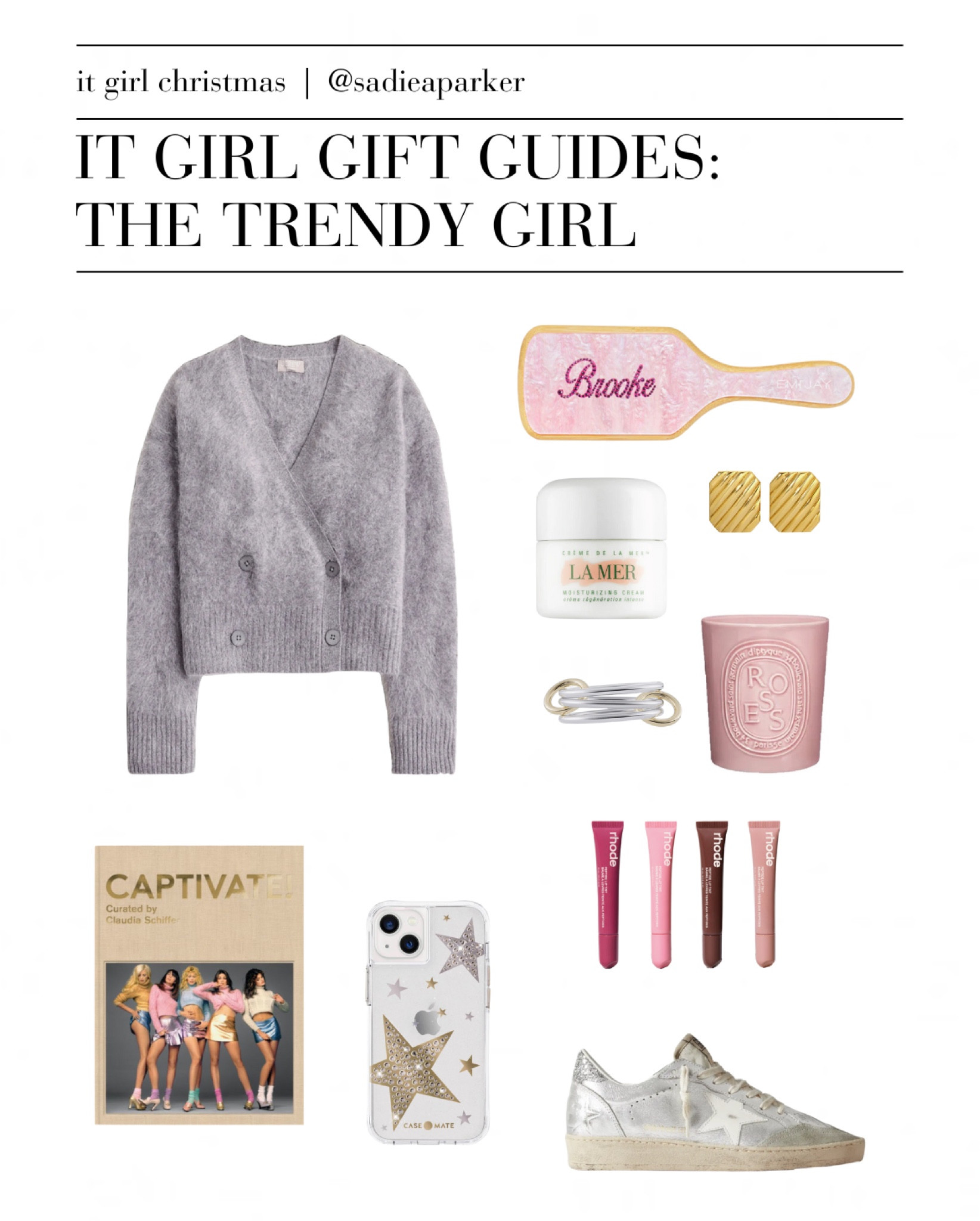IT GIRL GIFT GUIDES: THE TRENDY GIRL

| Gift Guide, It Girl, Trendy, Fall Fashion, Fall Outfit, Grey Cardigan, Fashion Coffee Table Book, Star Phone Case, Emi Jay Custom Brush, La Mer Face Cream, Heaven Mayhem Earrings, Spinelli Kilcollin Ring, Large Pink Rose Diptyque Candle, Rhode Peptide Lip Tint, Golden Goose Ball-Star |

#LTKSeasonal #LTKstyletip